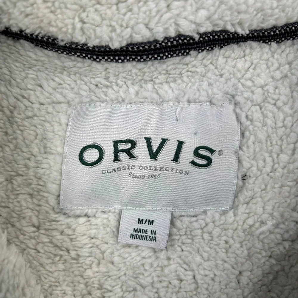 ORVIS Sherpa Lined Quarter Zip Pullover Heavy Sweater Men M Gray Scallop Pattern